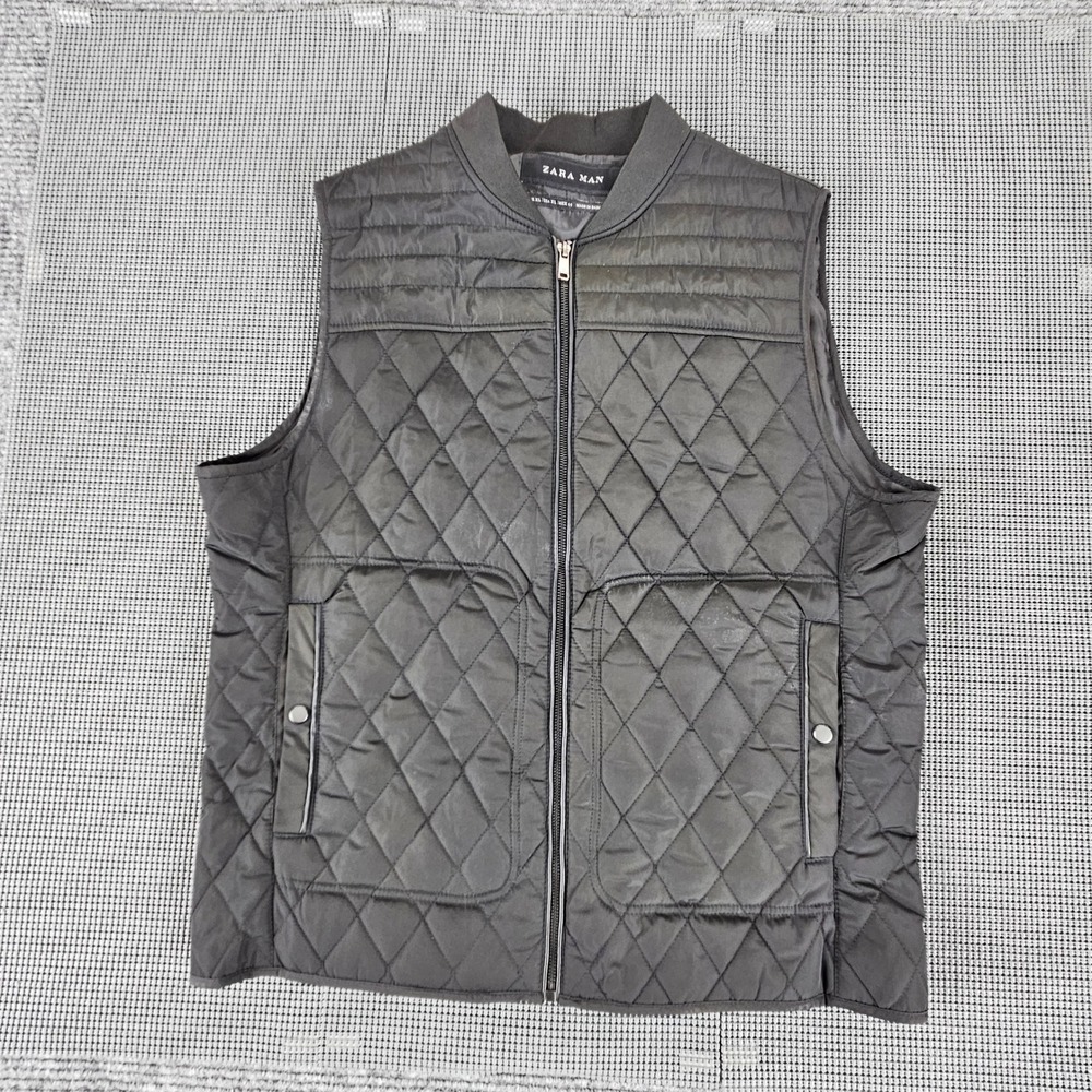 Zara Man Quilted Puffer Vest Mens XL Black Diamond Gilet Full Zip 4317/462/800